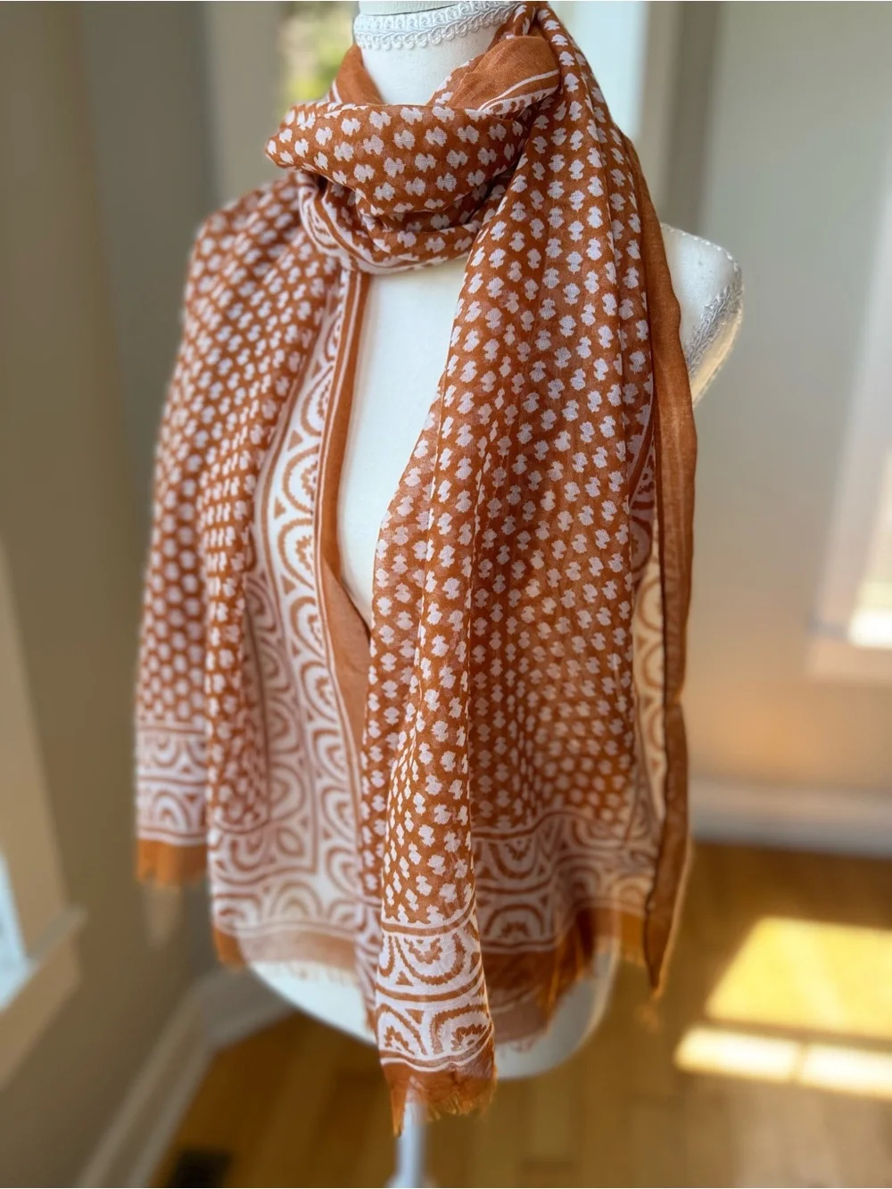 Vintage Orange and White Patterned Rectangle Wrap Scarf with Fringe